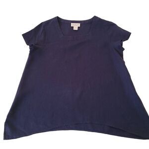 Peck and Peck Womens Navy Blue Linen Short Sleeve Casual Top Small